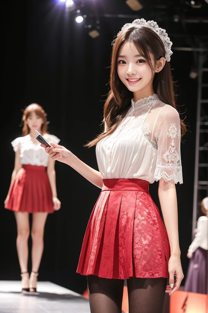 Amazingly large eyes、Smiling face、H cup bust、50cm waist、Slender and fair-skinned、Japan woman with long hair、20-year-old、Slim figure、Wearing a vivid pleated skirt and a sheer lace blouse、Wearing high heels。On the runway at a fashion show、Her whole body was shown, from her high heels to her head, as she walked towards the viewer.、Bright, photo-quality images。