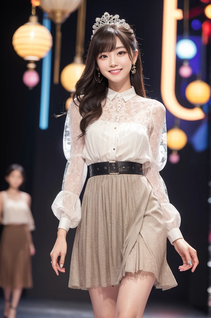 Amazingly large eyes、Smiling face、H cup bust、50cm waist、Slender and fair-skinned、Japan woman with long hair、20-year-old、Slim figure、Wearing a vivid pleated skirt and a sheer lace blouse、Wearing high heels。On the runway at a fashion show、Her whole body was shown, from her high heels to her head, as she walked towards the viewer.、Bright, photo-quality images。