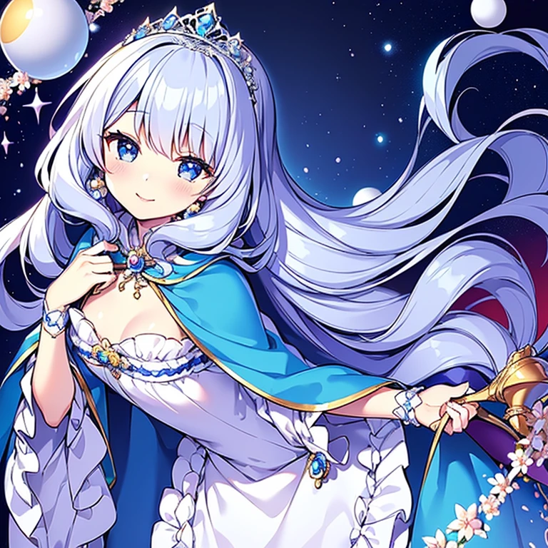 looking at viewer,(kawaii),(best quality),(ultra detailed),(rococo style),(long train blue cape:1.15), very long cape,(long train white ball gown with flower decorations:1.1), a girl is wearing a cape over her gown, 1 little princess, tiara, smile, very long hair, small breasts, beautiful detailed eyes, beautiful detailed lips