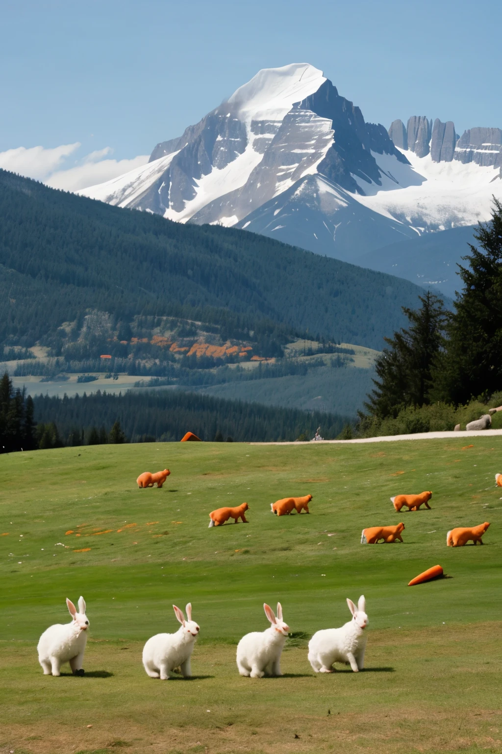 some white rabbits with red eyes are playing in a grassy hill area and eating carrots and background is mountains with drizlling weather