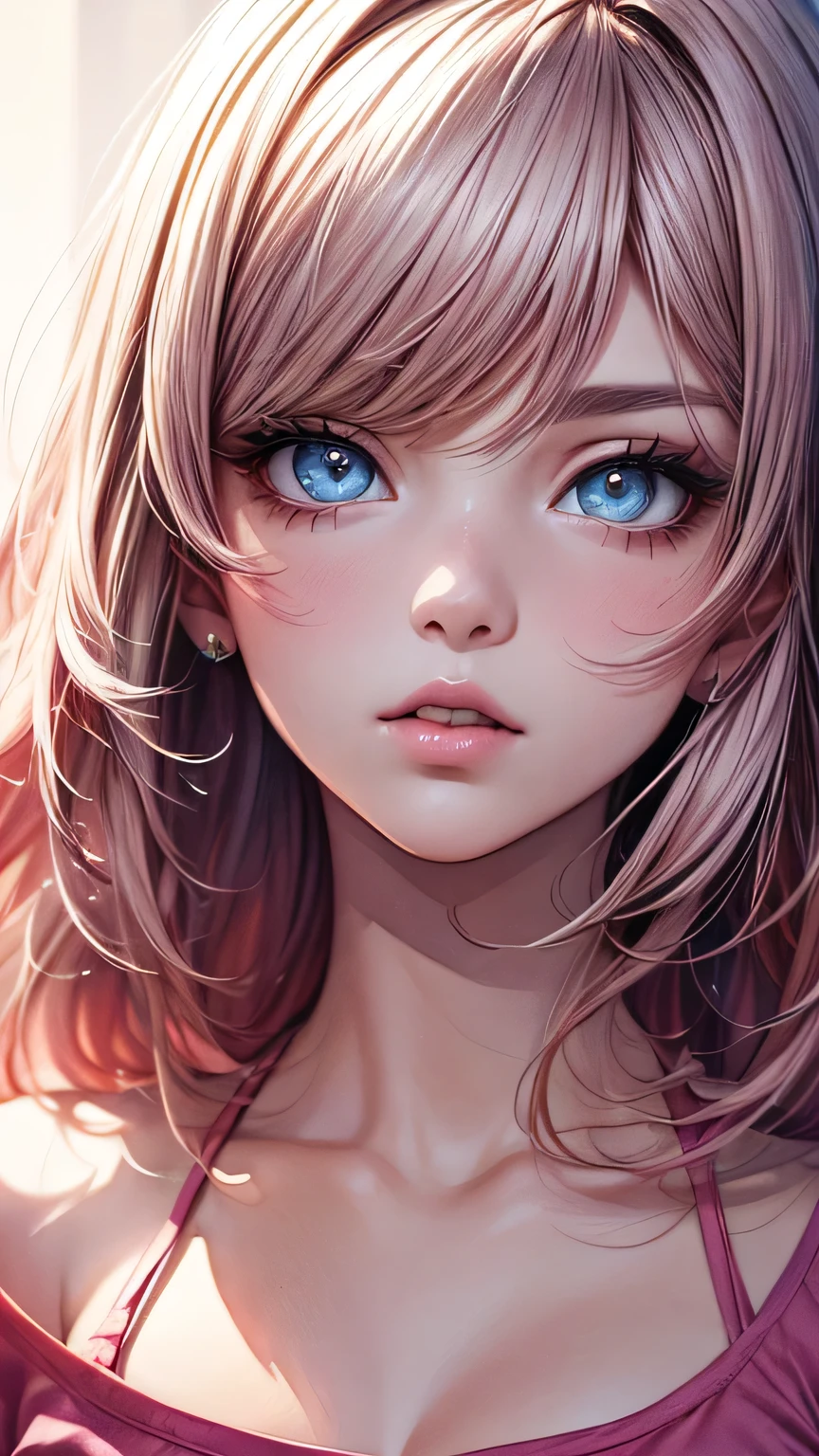 (masterpiece),(Highest quality:1.1),(Super detailed),Best illustrations,In detail,(Portraiture:1.1),(Watercolor),floating,One girl,solo,slim,(Very delicate and beautiful face),(Beautiful eyes in every detail),Pink thick lips,(Disheveled Hair),(Wearing a loose pink T-shirt),Soft and lazy,4K