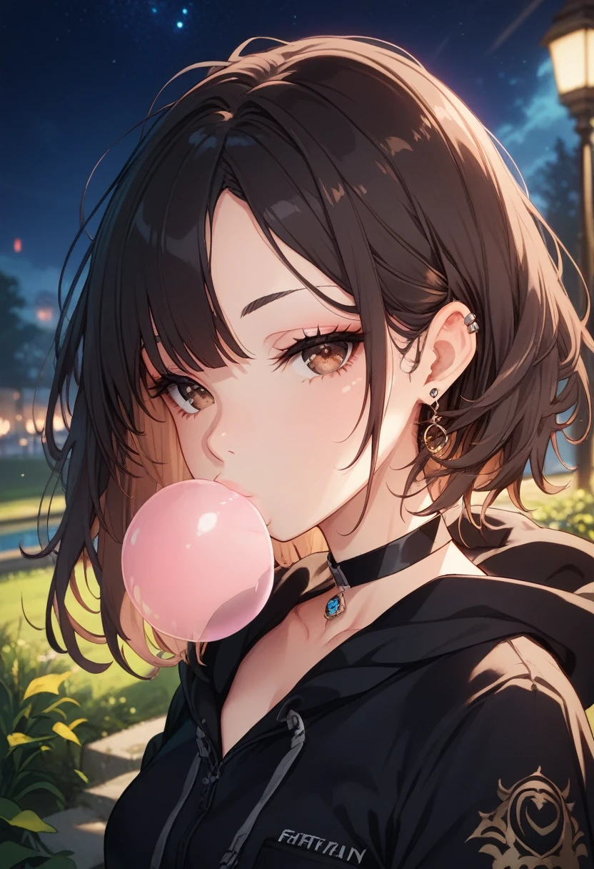 (8k, masterpiece, best quality, ultra-detailed, an extremely delicate and beautiful, official style, depth of field, highly detailed, very aesthetic, intricate, overall detail, perfect anatomy), (night, faint light), looking at viewer, 1girl, solo, black hair, brown eyes, medium hair, half-closed eyes, eyeshadow, faint lips, (ear piercing, industrial piercing), black hoodie, hood, hand in pocket, black choker, black nail, silver ring, (chewing gum, blowing bubbles), gleaming skin