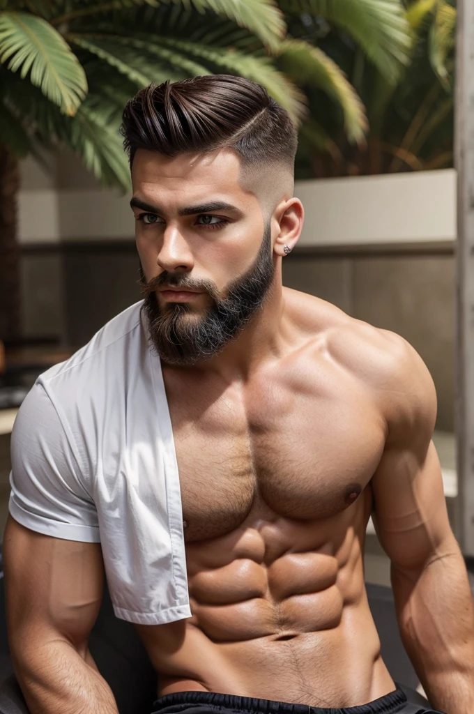 Make a handsome man who have square face shape with spiky low fade haircut or french beard and perfect six pack abs body