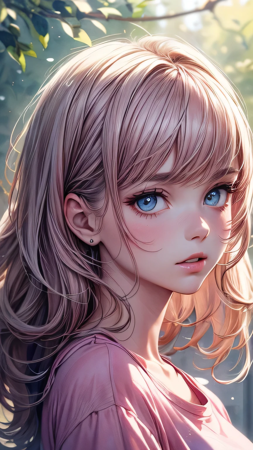 (masterpiece),(Highest quality:1.1),(Super detailed),Best illustrations,In detail,(Portraiture:1.1),(Watercolor),floating,One girl,solo,slim,(Very delicate and beautiful face),(Beautiful eyes in every detail),Pink thick lips,(Disheveled Hair),(Wearing a loose pink T-shirt),Soft and lazy,4K