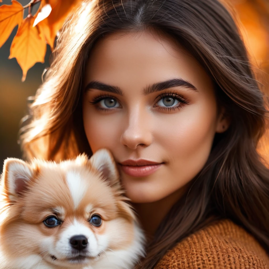 cinematic film still cinematic film still RAW photo, Fuji X-T20, high quality, (close up photo portrait of a girl with a fluffy peach pomeranian puppy (beautiful face, perfect eyes, smile ,detailed lips:1.2, (wrinkles:0.4, pores:0.4), without makeup, highly detailed eyes, perfect eyes, autumn skin tones, beautiful eyes, grey eyes, reflective eyes, simmetrical eyes, ultra detailed eyes:1.2, grey eyes, glint eyes:0.5, super detailed eyes, natural skin:1.2, simmetrical eyes, reflective eyes, bright makeup by Marc Jacobs)), the style of the 40s, ultra quality, ultra detailed, detailed skin:1.2, detailed face, detailed eyes, photorealism:1.2, vivid colors, sharp focus, RAW PHOTO, . shallow depth of field, vignette, highly detailed, high budget, bokeh, cinemascope, moody, epic, gorgeous, film grain, grainy . shallow depth of field, vignette, highly detailed, high budget, bokeh, cinemascope, moody, epic, gorgeous, film grain, grainy