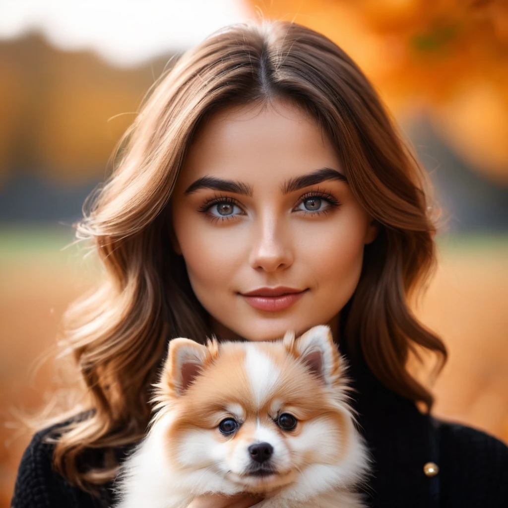 cinematic film still cinematic film still RAW photo, Fuji X-T20, high quality, (close up photo portrait of a girl with a fluffy peach pomeranian puppy (beautiful face, perfect eyes, smile ,detailed lips:1.2, (wrinkles:0.4, pores:0.4), without makeup, highly detailed eyes, perfect eyes, autumn skin tones, beautiful eyes, grey eyes, reflective eyes, simmetrical eyes, ultra detailed eyes:1.2, grey eyes, glint eyes:0.5, super detailed eyes, natural skin:1.2, simmetrical eyes, reflective eyes, bright makeup by Marc Jacobs)), the style of the 40s, ultra quality, ultra detailed, detailed skin:1.2, detailed face, detailed eyes, photorealism:1.2, vivid colors, sharp focus, RAW PHOTO, . shallow depth of field, vignette, highly detailed, high budget, bokeh, cinemascope, moody, epic, gorgeous, film grain, grainy . shallow depth of field, vignette, highly detailed, high budget, bokeh, cinemascope, moody, epic, gorgeous, film grain, grainy