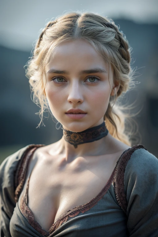 A detailed portrait of peasant girl from Game of Thrones, a young girl with a determined expression, wearing a tight-fitting gown, Different colors, cleavage, 1girl, detailed facial features, piercing eyes, high cheekbones, plump lips, long eyelashes, dark hair, wind-swept, outdoor setting, medieval castle, stone walls, overcast sky, moody lighting, cinematic, muted color palette, oil painting, masterpiece, (best quality,4k,8k,highres,masterpiece:1.2),ultra-detailed,(realistic,photorealistic,photo-realistic:1.37)