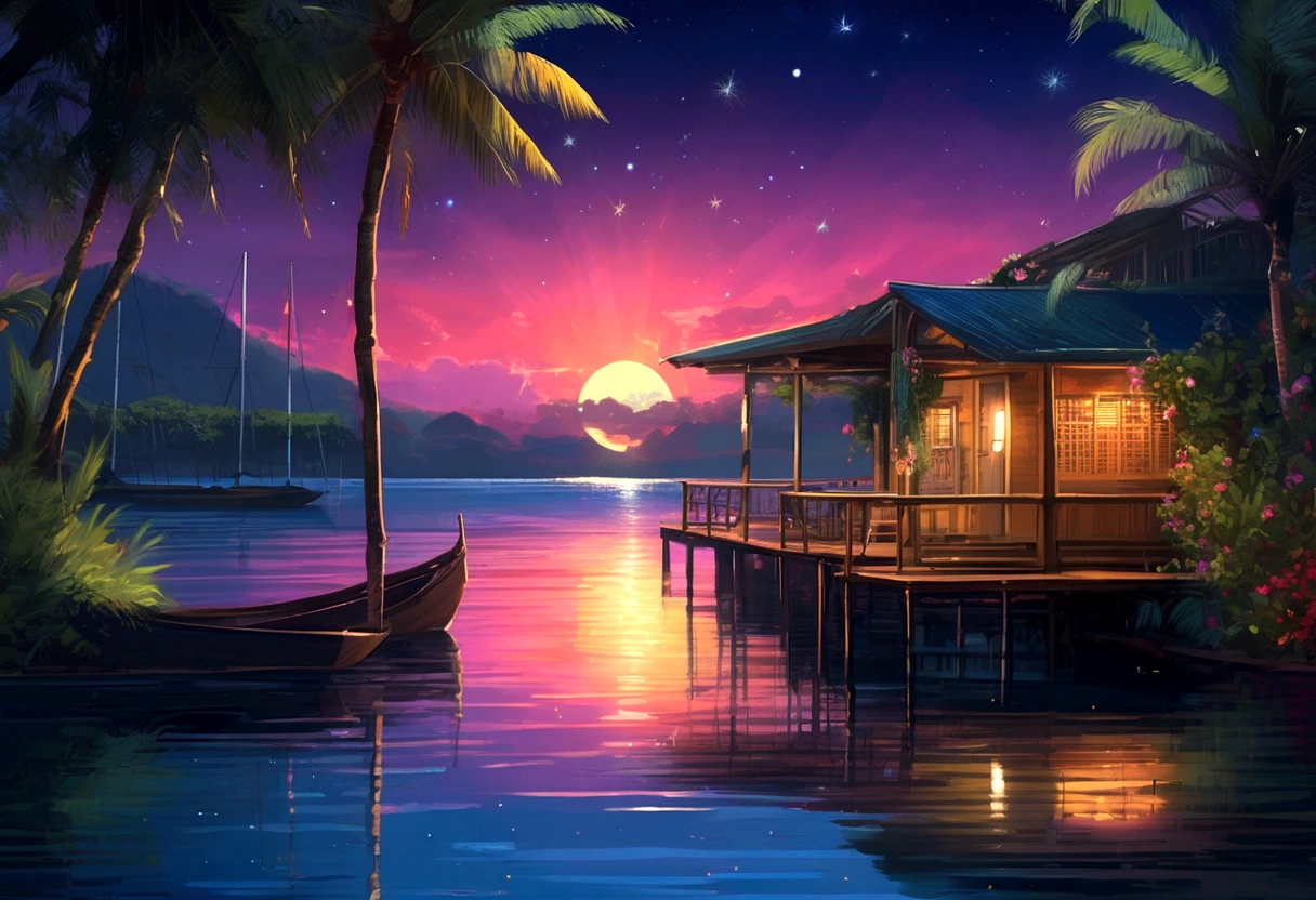 painting of a neon moonlight,Starry Sky、Dock area, Bougainville décor , 4K High Definition, moonlight, Xia Yun,Ocean, moonlight reflection,Beautiful Art UHD 4K, Beautiful artwork illustration, Beautiful digital painting, Highly detailed digital painting, Beautiful digital art, Detailed painting 4k, Highly detailed digital painting, Rich, picturesque colors, Gorgeous digital painting