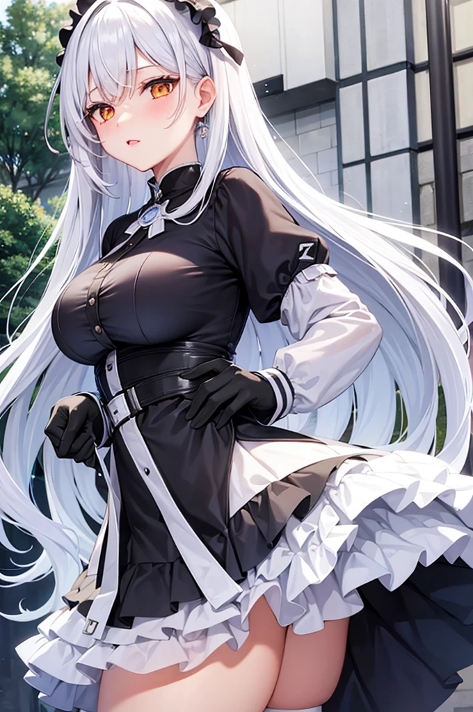 anime girl, teenager, big breasts, white hair, white skin, white dress, long hair, Beautiful and cute, gentle nature, Moles at the corner of the lower mouth, orange eyes, Real Lifestyle, Private outfit