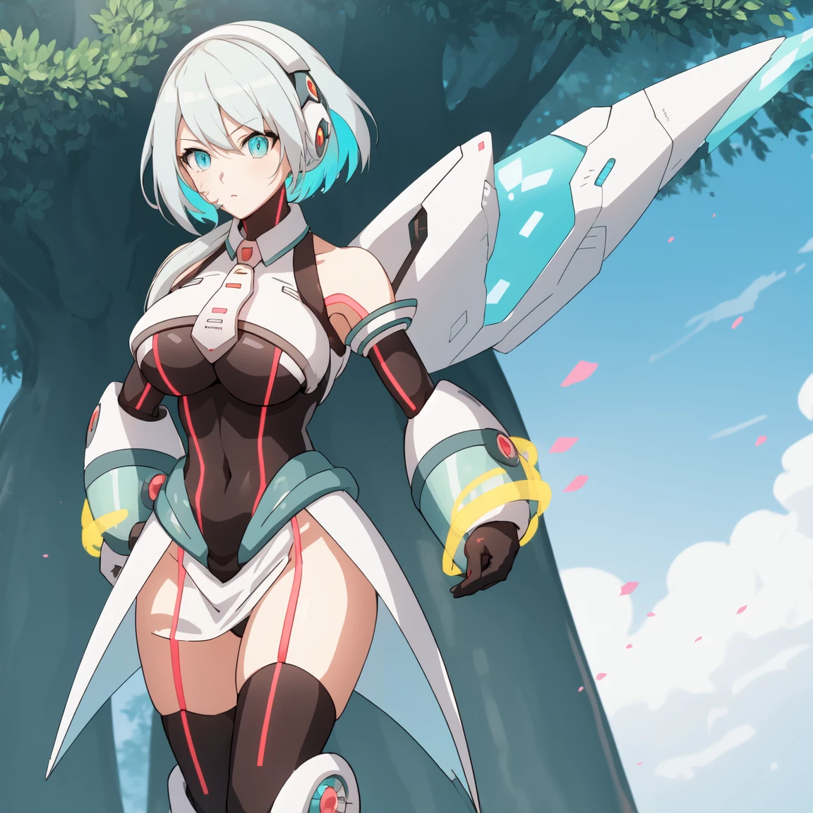 ico_megamanxdive, 1girl, blue eyes, solo, white hair, android, large breasts, black gloves, short hair, thighhighs, necktie, high quality, masterpiece, standing with green flames coming from a tree