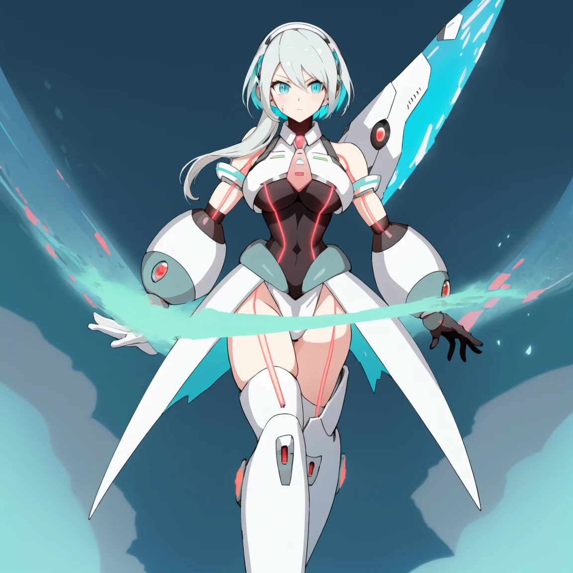ico_megamanxdive, 1girl, blue eyes, solo, white hair, android, large breasts, black gloves, short hair, thighhighs, necktie, high quality, masterpiece, standing with green flames coming from a tree