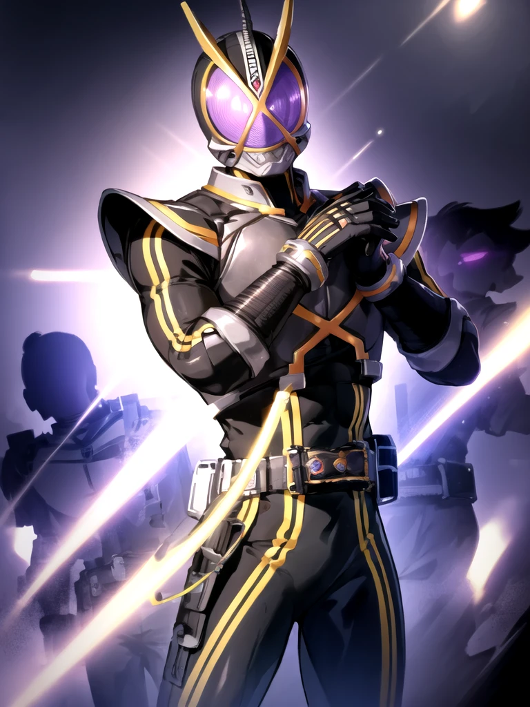 (Highly detailed CG), (Highest quality), Perfect Face, Shiny skin, Shiny skinソロ ,One boy, Male focus Kaixa913,rider belt,gloves, antenna,black Bodysuits,Bodysuits, ,belt, armor, Helmet,, Urban Background, Clenched hands,