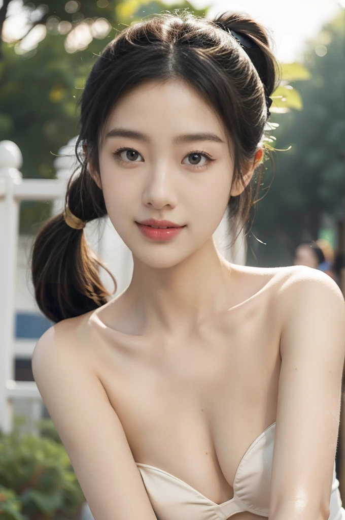 (((best quality))),(((ultra detailed))),(((masterpiece))),illustration,((1 beautiful girl,solo)),((slim,thin)),((small breasts,flat chest)), outside school gate, summer twilight, sunlight,(short ponytail:1.3),((strapless white bra)),animated face, excited eyes, sounds of laughter, chatter, excitement of summer vacation, air filled with energy, school gate golden glow, symbol of end of academic year, schoolyard transformed, reunion, farewells, embracing setting sun, face illuminated, moment captured, fleeting instant, essence of summer, carefree spirit, youthful exuberance, embodiment of season, sun dips, rosy glow, joy of living,promise of adventures,((from front,close-up of face)),(surrounded by crowded crowds:1.3)