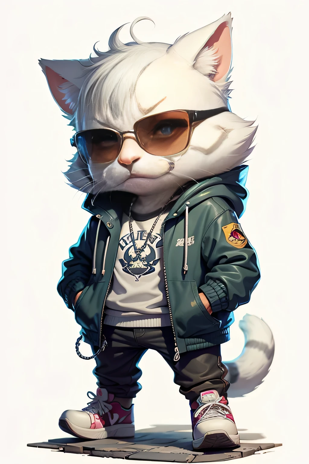 C4tt4stic, Cartoon white cat in jacket and skateboard, Sunglasses,