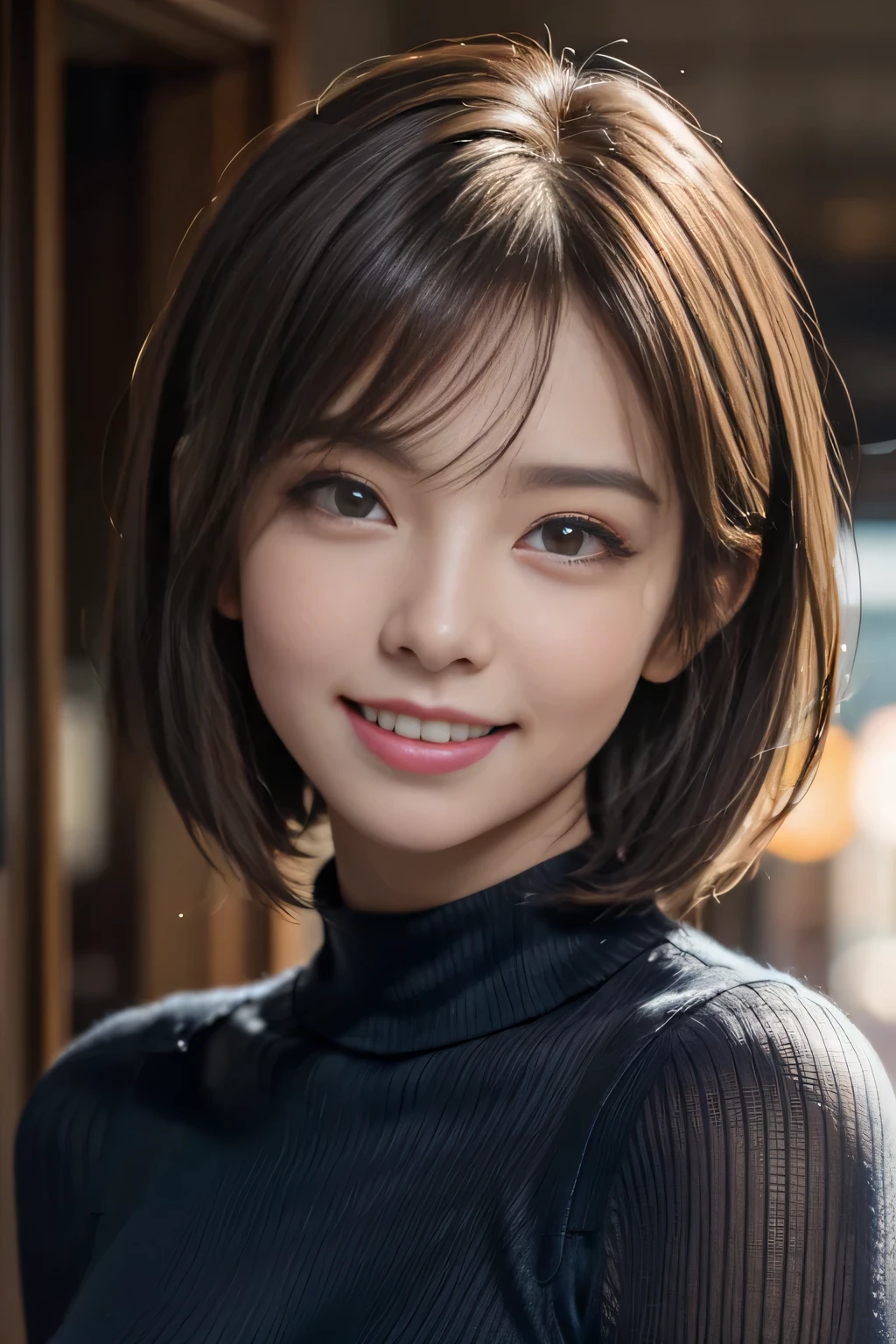 (logo, masterpiece, 8K, Tabletop, RAW Photos, wonderful, 最high quality, Photorealistic and very detailed CG synthesis 8K wallpaper, high quality, Very detailed, Narrative poem, Particle Effects, Dynamic Effects, Depth of the Boundary, Cinematic Light, Lens flare, Ray Tracing), short hair beautiful woman, (Grin), Skin with attention to detail, Very fine, Fine skin, Beautiful Face, Realistic eyes, Beautiful and exquisite, Realistic Skin, Beautiful Skin, surreal, Smiling Eyes, Hair and light eyes, Vibrant, Colorful lights and bokeh. The lighting casts a warm glow on her face and hair... Creates a dreamy and magical atmosphere, Big Breasts, Brown Hair, short hair, plump lower lip, Pink blush on cheeks , Pink Lips, Brown tight no-shoulder knit sweater