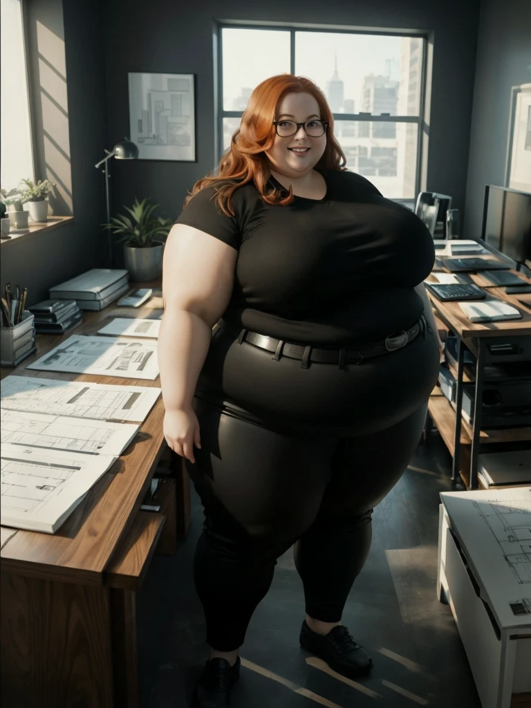 A happy and excited photo of a Beautiful ginger architect SSBBW, with long wavy ginger hair, with big soft fat belly, thicc fat arms, thicc wide legs, big breast, in long black pants, long black shirt tucked in her pants, black belt, black glasses in her new modern architect office with a lot of building models and house blueprints, building blueprints on walls, huge window