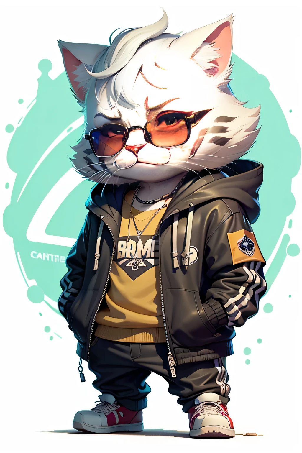 C4tt4stic, Cartoon white cat in jacket and skateboard, Sunglasses,