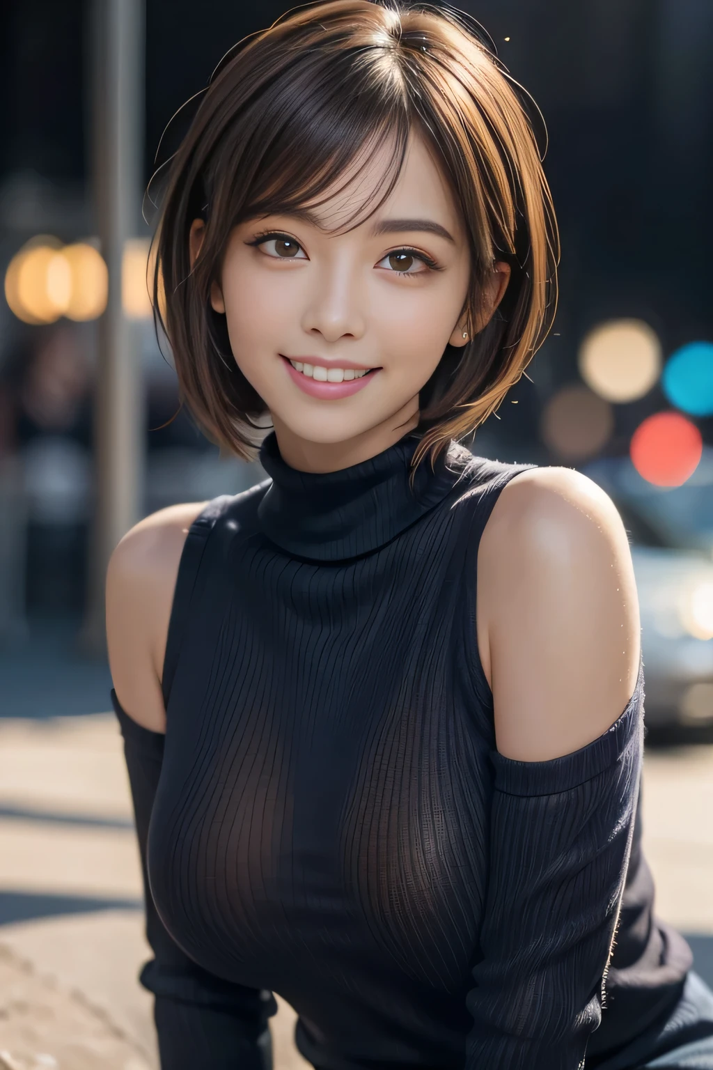(logo, masterpiece, 8K, Tabletop, RAW Photos, wonderful, 最high quality, Photorealistic and very detailed CG synthesis 8K wallpaper, high quality, Very detailed, Narrative poem, Particle Effects, Dynamic Effects, Depth of the Boundary, Cinematic Light, Lens flare, Ray Tracing), short hair beautiful woman, (Grin), Skin with attention to detail, Very fine, Fine skin, Beautiful Face, Realistic eyes, Beautiful and exquisite, Realistic Skin, Beautiful Skin, surreal, Smiling Eyes, Hair and light eyes, Vibrant, Colorful lights and bokeh. The lighting casts a warm glow on her face and hair... Creates a dreamy and magical atmosphere, Big Breasts, Brown Hair, short hair, plump lower lip, Pink blush on cheeks , Pink Lips, Brown tight no-shoulder knit sweater