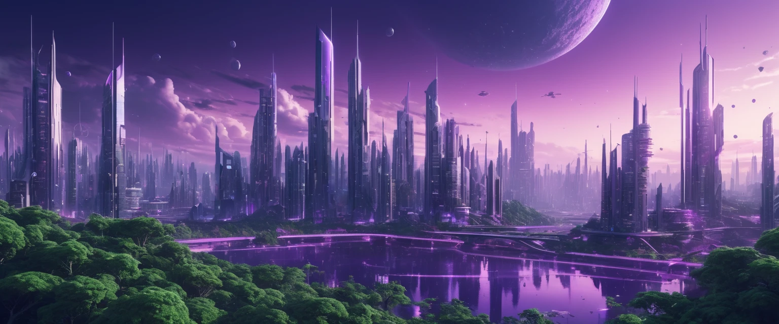Futuristic City, mixed with nature, violet hue sky, ultra-high quality, ultra detailed, 4k