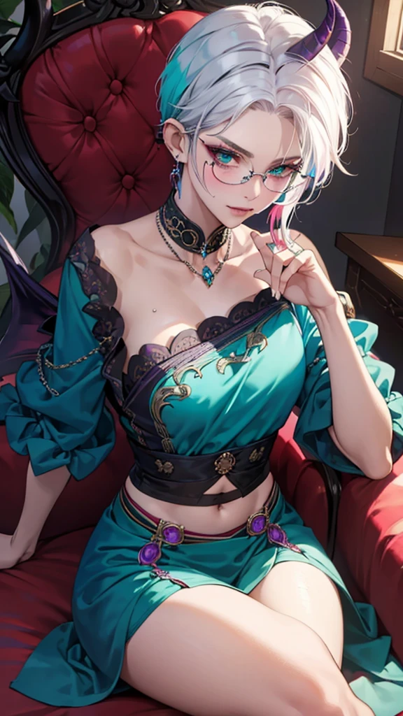 8k, masterpiece, best quality, highly detailed, 1 girl, tiefling, warlock, multicolored hair, very short straight hair green highlight hair on white hair, strippled hair, wearing glasses, round glasses, earrings, red eyeshadow, long eyelashes,navel piercing, blushed cheek, necklace, collarbone, mole, glamorous, purple and teal clothing, villainy, smirk, seductive face, close up view, rings, looking at viewer, demon horns, solo, chinese dress, ballroom, palace, blue pale moon, sitting, 