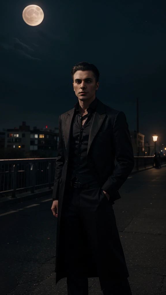 A male vampire stands in a city at night with a beautiful moon.