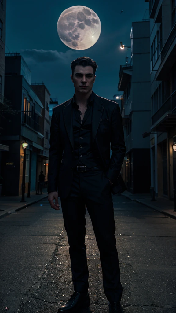 A male vampire stands in a city at night with a beautiful moon.