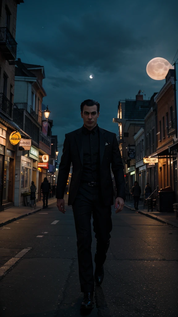 A male vampire stands in a city at night with a beautiful moon.