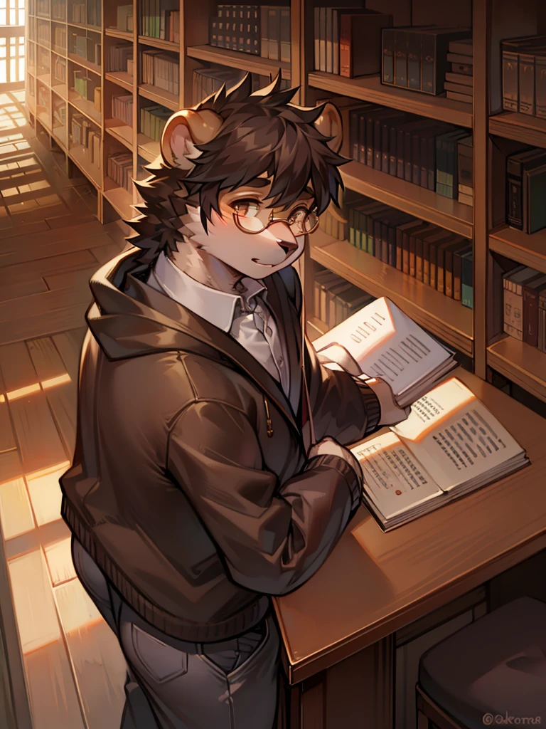 Anthropomorphic sun bear, glasses on with string, studying in the library