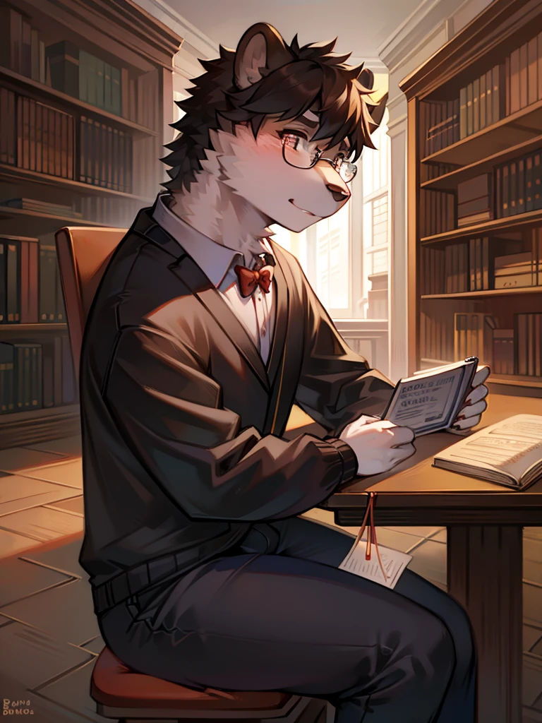 Anthropomorphic sun bear, glasses on with string, studying in the library