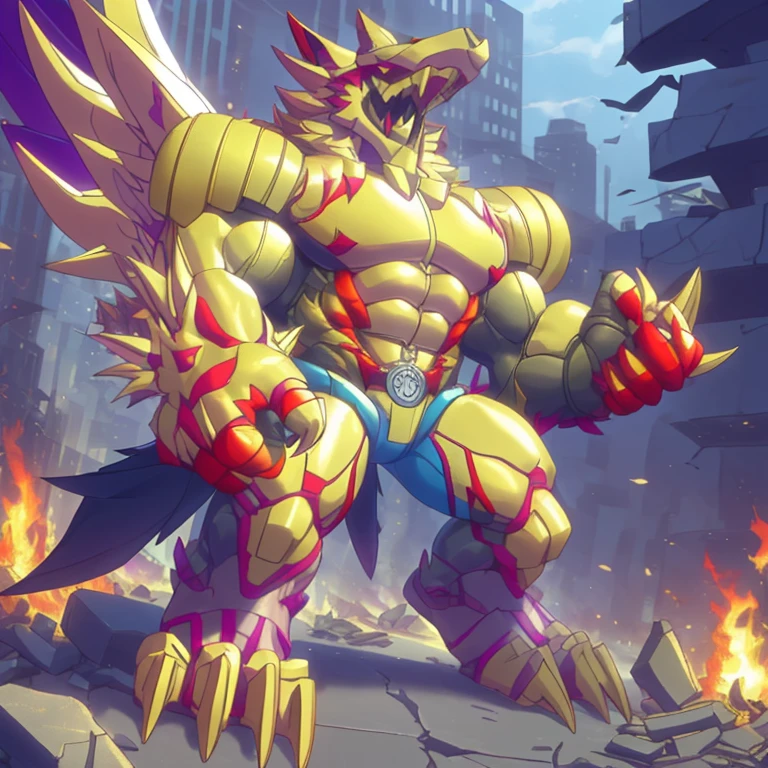 (masterpiece. official art. 8k. best quality. detailed full body. full body.)

(situation 1 : dominating The Phoenix Wolf. The Phoenix Wolf is over 1000 meters long. focus GIANT mechanical Muscular The Phoenix Wolf is trampling the car. Looking down.)

(situation 2 :smoke and flames rising from the destruction in the city)

(Additional details 1: Wearing golden Armor. Cape. Helmet. real texture material. whole body shines like metal. emphasizes the muscles. suit fully made of metal.Robotic suit).

(Additional details 1.5: The arms are golden. The lower half of the body is golden. The wolf-shaped helmet has sharp fangs. The whole body is golden. The chest area is also golden. There is a ring above the head.).

(Additional details 2: Detailed head. Detailed Body. Detailed abs. gigantic muscles. HYPER MUSCLES. Gigachad Muscular. big muscle. pecs. triceps. traps. unusually developed muscular body. body full of huge muscles. showing off muscles. pectorales enormes. Exaggeratedly huge muscles. huge muscles. long legs. no face).

(Additional details 3: Spread wings. It has wings. The claws are sharp. Sharp teeth.). He is laughing defiantly. The claws are sharp. Sharp teeth.). 

(Additional details 3.5 : nj5furry,  He is laughing defiantly. medieval armor.). 
