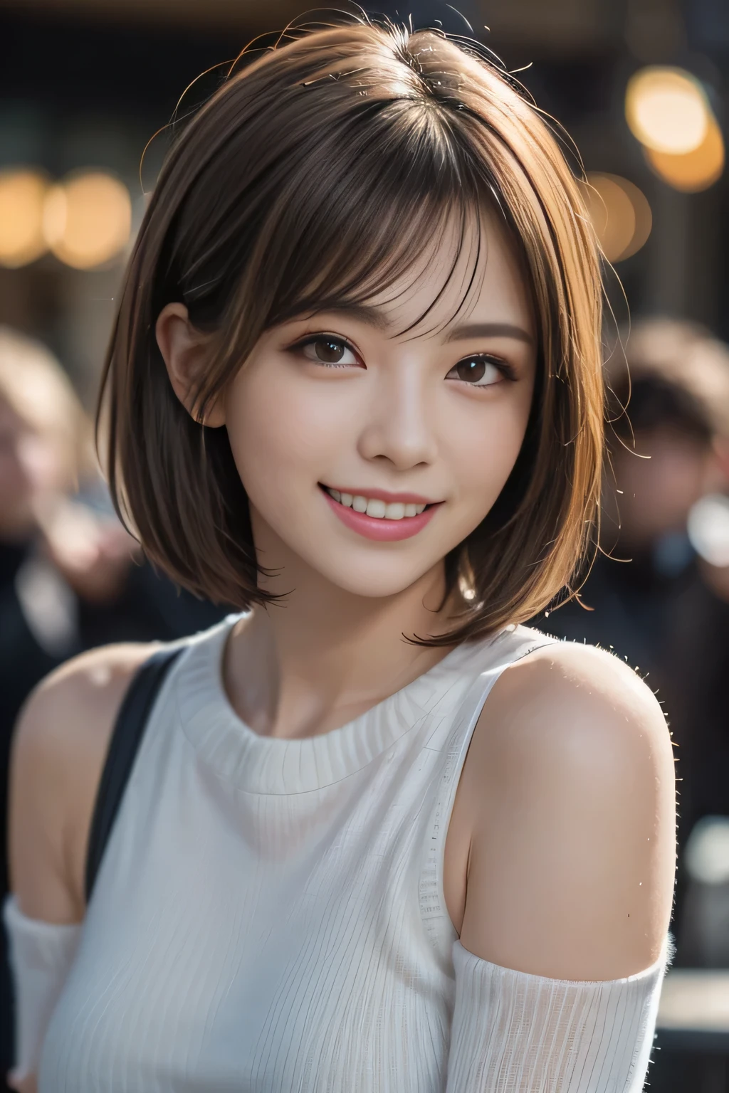 (logo, masterpiece, 8K, Tabletop, RAW Photos, wonderful, 最high quality, Photorealistic and very detailed CG synthesis 8K wallpaper, high quality, Very detailed, Narrative poem, Particle Effects, Dynamic Effects, Depth of the Boundary, Cinematic Light, Lens flare, Ray Tracing), short hair beautiful woman, (Grin), Skin with attention to detail, Very fine, Fine skin, Beautiful Face, Realistic eyes, Beautiful and exquisite, Realistic Skin, Beautiful Skin, surreal, Smiling Eyes, Hair and light eyes, Vibrant, Colorful lights and bokeh. The lighting casts a warm glow on her face and hair... Creates a dreamy and magical atmosphere, Big Breasts, Brown Hair, short hair, plump lower lip, Pink blush on cheeks , Pink Lips, Brown tight no-shoulder knit sweater