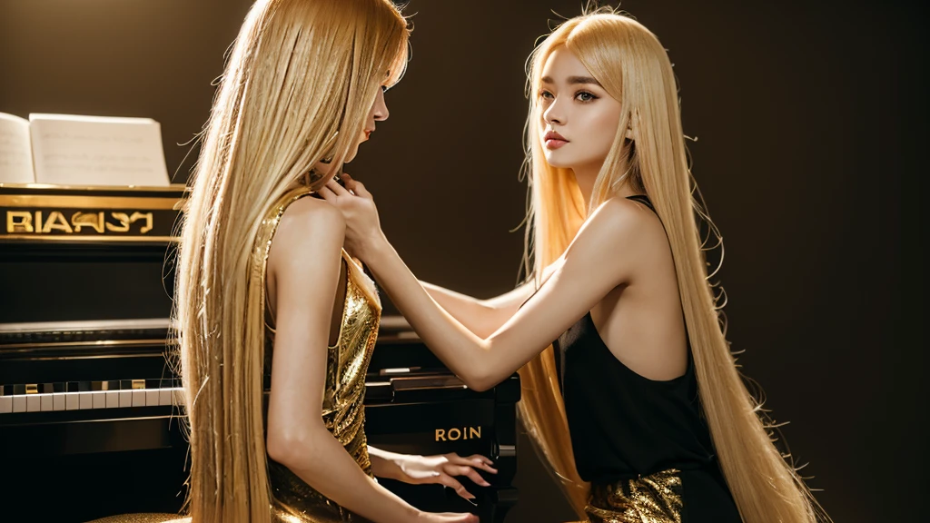 plays piano, 20 years old, long hair, fair skin, beautiful woman, rosian、gold hair