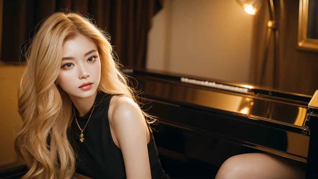 plays piano, 20 years old, long hair, fair skin, beautiful woman, rosian、gold hair