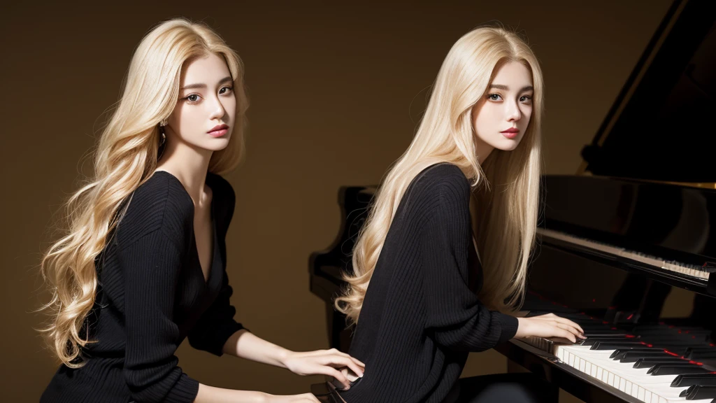plays piano, 20 years old, long hair, fair skin, beautiful woman, rosian、gold hair