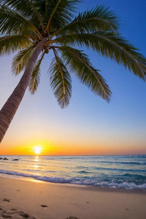 Draw a sunset against the background of palm trees