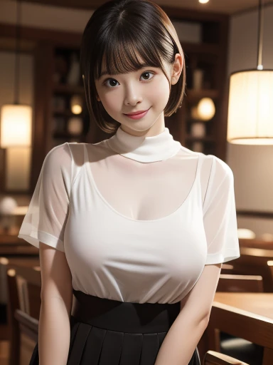 ((masterpiece))、((Highest quality))、photograph、reality、High resolution、Very detailed、Married women、30代eye、Delicate features、short hair、Realistic background and accessories、Big and ample breasts、Big Breasts、Sexy smile、functional、Lure、Sex Appeal、Excited、close ~ eye、restaurant、Tight mesh blouse、Tight knit skirt、((Indirect lighting only))、Deep Shadow、Look to the side、Wide-angle、引きphotograph、