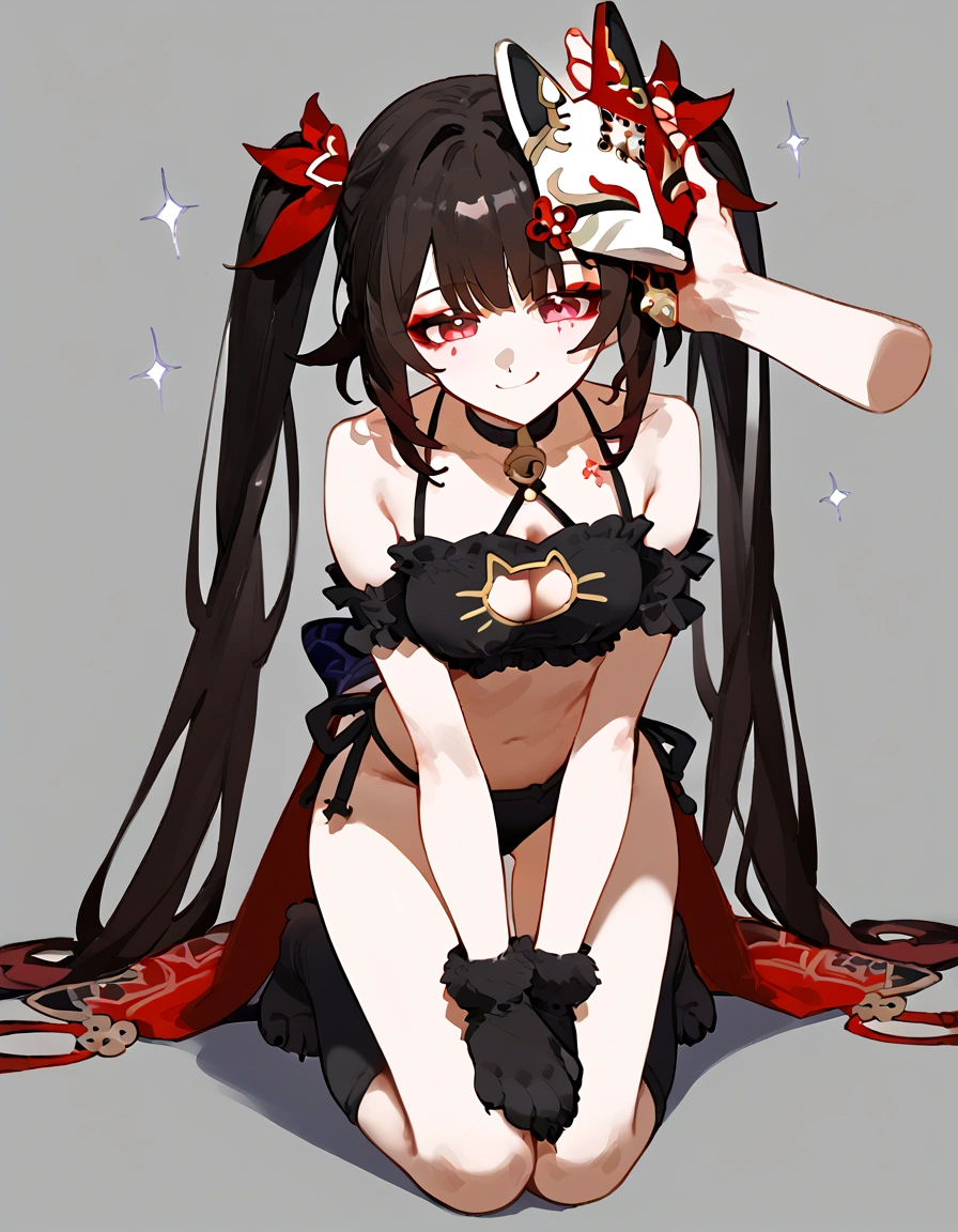 anime artwork, score_9, score_8_up, score_7_up, score_6_up, score_5_up, score_4_up,sparkle \(honkai: star rail\),1girl, twintails, black hair, medium breasts, red eyes, red eyeshadow, fox mask,
, , , , she is 24 years old, , ,horny, , , , style_3, ,,, floox style, grey background,headpat,black cat lingerie, disembodied hand, petting, ,smile, cat gloves, paws, on knees, cat socks,naughty_face
