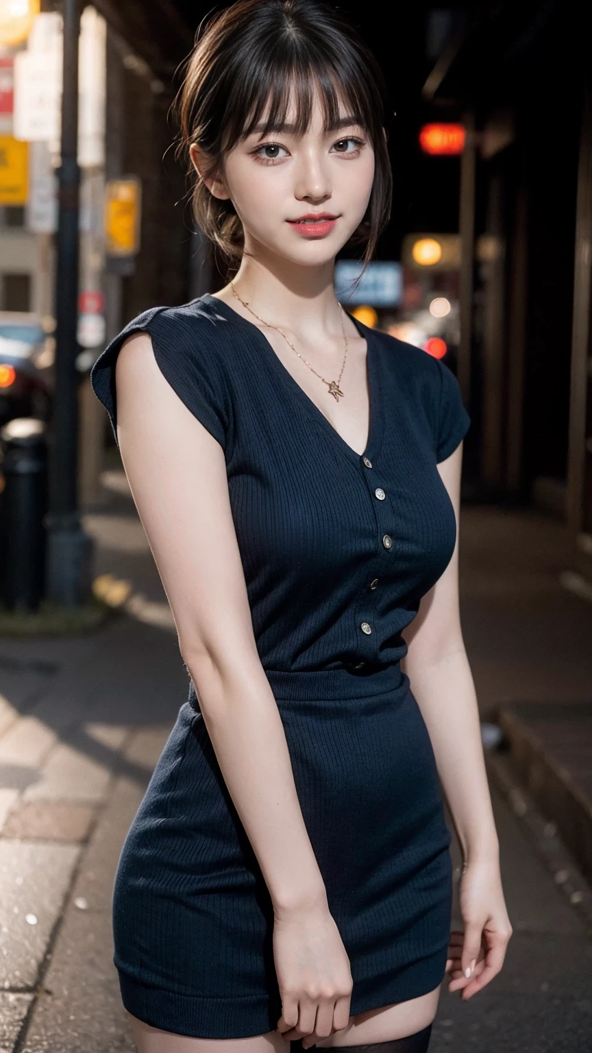 (best quality, masterpiece:1.3), (actual, photo actual:1.3), ultra high resolution, ultra high definition, Extremely detailed CG unified 8k wallpaper, (actual skin, Delicate skin), (perfect anatomy), (official art, Beautiful and beautiful), (generous smile:1.3), (seductive face:1.3), (korean woman:1.3), alone, depth of field, street,(big breasts:1.1),(cowboy shot:1.5),(deep-v blue dress:1.3), (necklace), (naturally look at camera:1.3), (blunt bangs:1.5), (stockings)
