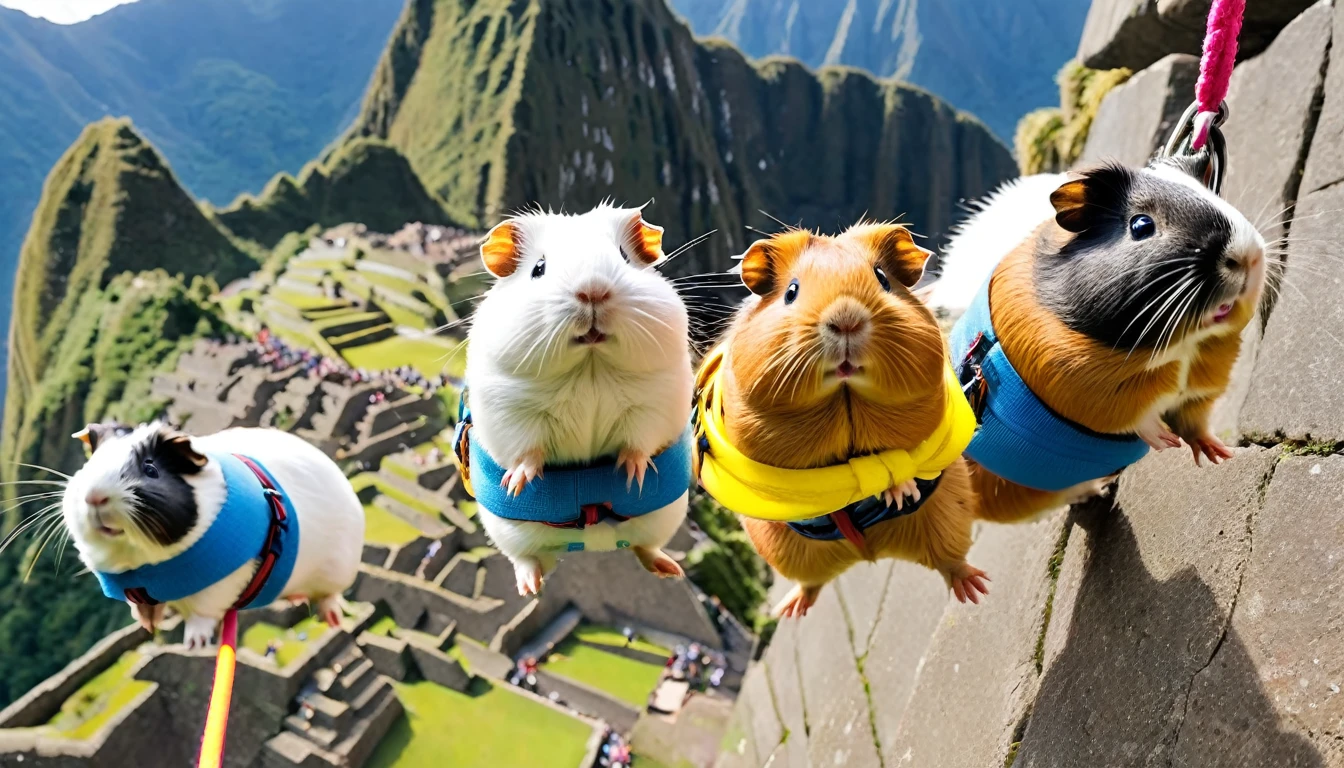 funny chaotic photo of guinea pigs bungee jumping from machu picchu