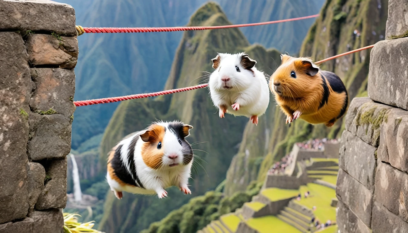 funny chaotic photo of guinea pigs bungee jumping from machu picchu