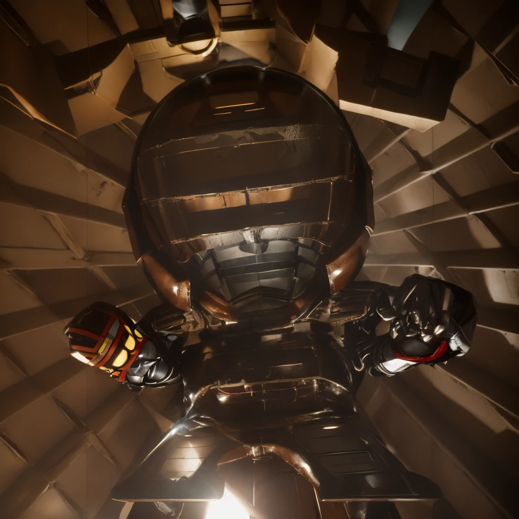 Cinematic film still Small deformation of JaspionQuiron in a rusty shipyard, haunting silence, action hero pose, shiny armor, . Shallow depth of field, vignettes, highly detailed, high budget Hollywood movies, blur, cinemascope, mood, epic, gorgeous, film grain, grainy.