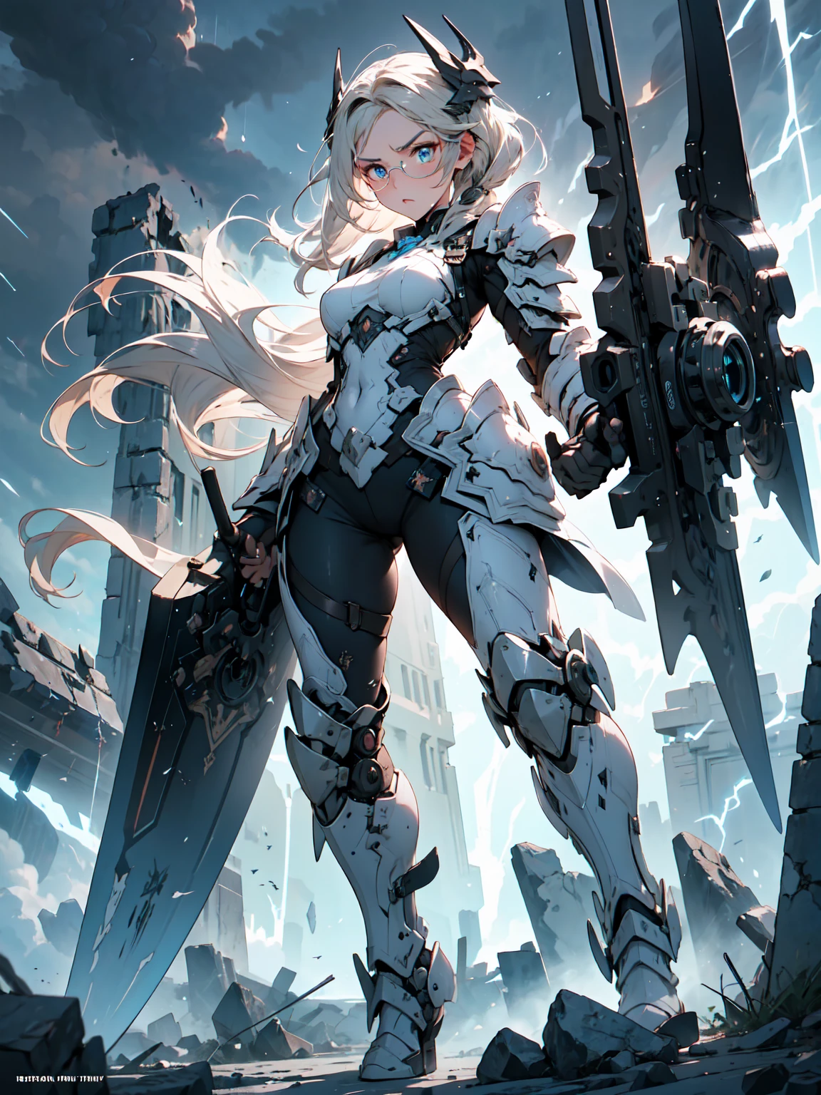 A striking artwork of a fierce female warrior standing on a rugged battlefield. The full-body view showcases her in rugged, functional black and grey armor, exuding an aura of formidable power and indomitable will. Her short, spiky blonde hair frames a face of fierce beauty, highlighted by steely blue eyes that radiate intense focus and relentless determination. She holds a battle axe, heavily adorned and glowing with brutal strength, adding to her intimidating presence. The scenery around her is a war-torn battlefield with smoldering ruins and a stormy sky. The flashes of lightning and the sound of distant thunder enhance the atmosphere of relentless combat, creating a scene of raw power.