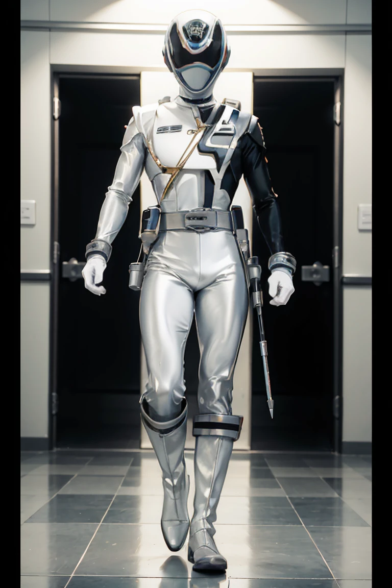 1boy, white, full body, Illustration, cinematic light, high resolution, best quality, ultra detailed, masterpiece, power suit, powerranger, suit, spd, (silver royal guard ranger suit)), gold detail