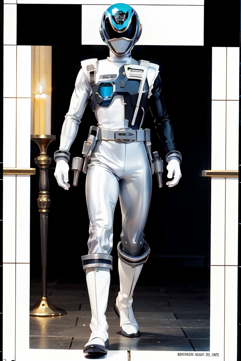 1boy, white, full body, Illustration, cinematic light, high resolution, best quality, ultra detailed, masterpiece, power suit, powerranger, suit, spd, (silver royal guard ranger suit), gold detail, holding white pistol, flowing, light armor, martial arts, dynamics, flames, particles