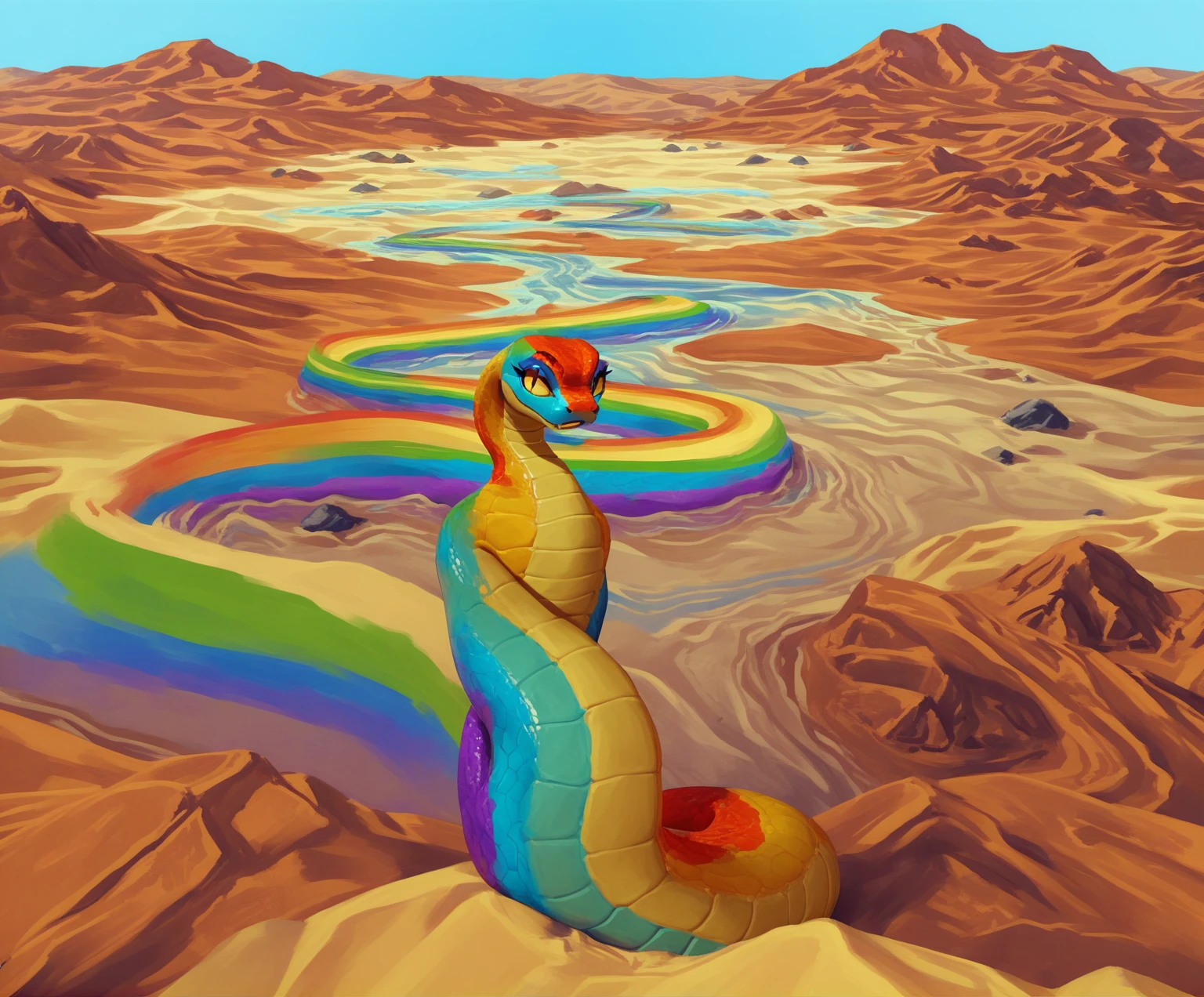 score_9, score_8_up, score_7_up, score_6_up, source_3d, source_cartoon, source_furry, source_monster, highly detailed digital painting, digital art, giant anthro snake, feral, scale, solo:1.4, tail in distance, arching over terrain, viperkfp, ((multicolored skin, rainbow skin, red orange yellow green blue purple skin):1.9), (armless, limbless, legless:1.4), ((slit pupils, big eyelashes, running mascara, eye liner):1.1), ((scales on skin, small scaly tits):1.1), ((fullbody, looking at viewer)), (desert valley, rolling hills, red ochre sand, Australian outback, dry river, (ponds beside snake)