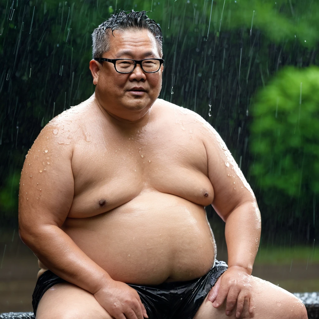 Male, Asian, Chubby, 50 year old, wearing glasses, short hair, shirt off, Shirtless, Sitting, wet from the rain