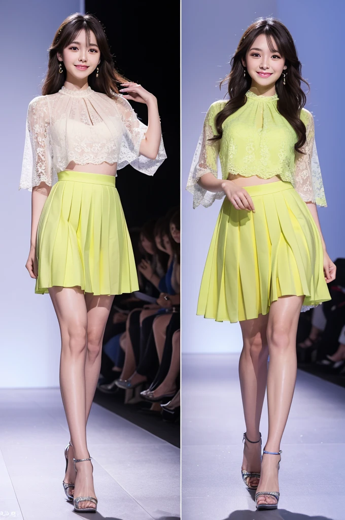 Amazingly large eyes、Smiling face、H cup bust、50cm waist、Slender and fair-skinned、Japan woman with long hair、20-year-old、Slim figure、Wearing a vivid colored, supple pleated skirt and a sheer lace blouse、Wearing high heels。On the runway at a fashion show、Her whole body was shown, from her high heels to her head, as she walked towards the viewer.、Bright, photo-quality images。