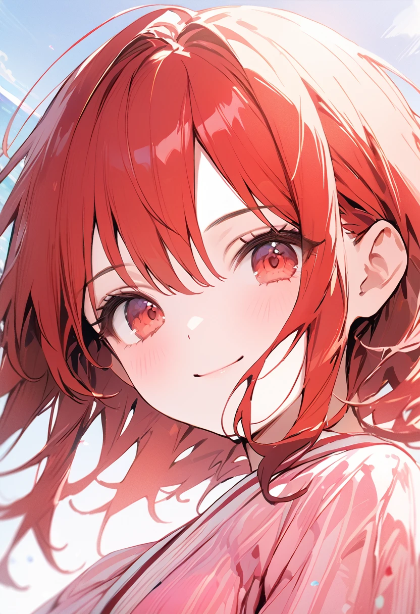 (masterpiece, best quality:1.2), 1girl, solo, cinematic view, portrait, red hair, cute smile, dynamic angle, pink dress,