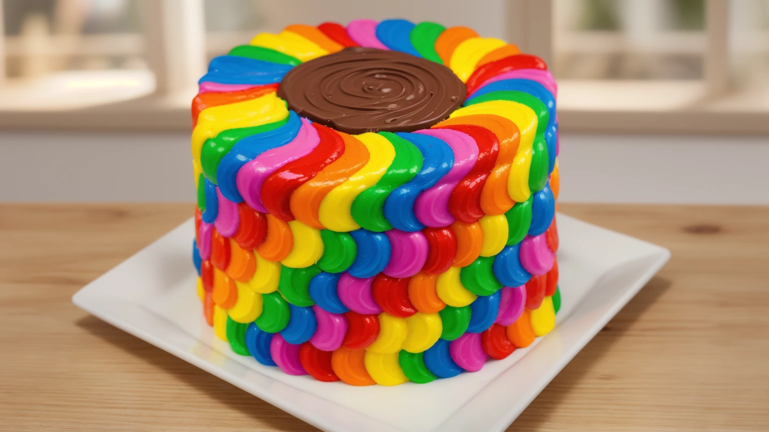 on a wooden table. there is a square white plate. rainbow cream cake. smears of cream in a checkerboard pattern, hole with chocolate drips on top, ((cream highlights)), against the background of the kitchen, Kitchenware, vases with plants, Beautiful light from the window, contour light, Multiple light sources, beautiful sunlight, Bright light source, bright lighting, beautiful light sources, Multiple light sources, Realistic style , realistic texture, detailed texture, A high resolution, high quality, macro photography