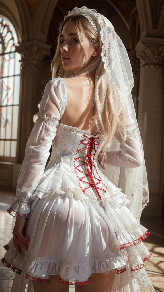 ((extremely detailed CG unity 8k wallpaper)), masterpiece, ultra-detailed, floating, high resolution, sexually suggestive, (petite, absurdly long white hair, princess, white mage, blue eyes, (ornate long white and red see through layered long dress with long detached wide sleeves and intricate embroidery), bridal veil, circlet, bridal gauntlets, blushing, shy, arched back, ruffled petticoat, ornate corset,